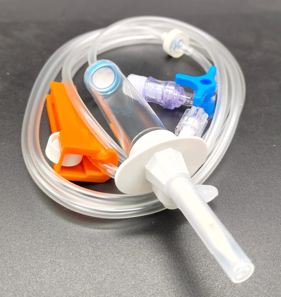 DOSILIFE PLUS B (Infusion Set with Air Stop Filter, Single Drip Chamber, Emergency Stop Function, Roller Clamp, Anti Syphon Valve, 3 Way Stop Cock with NFC, Priming Cap. Length 150cm)